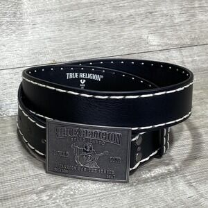 True Religion Belt Mens 34 Black Leather Contrast Stitch Buckle Western Jeans